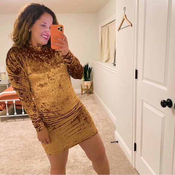 Caroline Constas Golden Tan Velour Velvet Sexy Long Sleeve Mini Dress Small - Picture 1 of 9